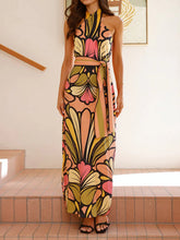 Flower Printed Halterneck Sleevless Elegant Maxi Dresses
